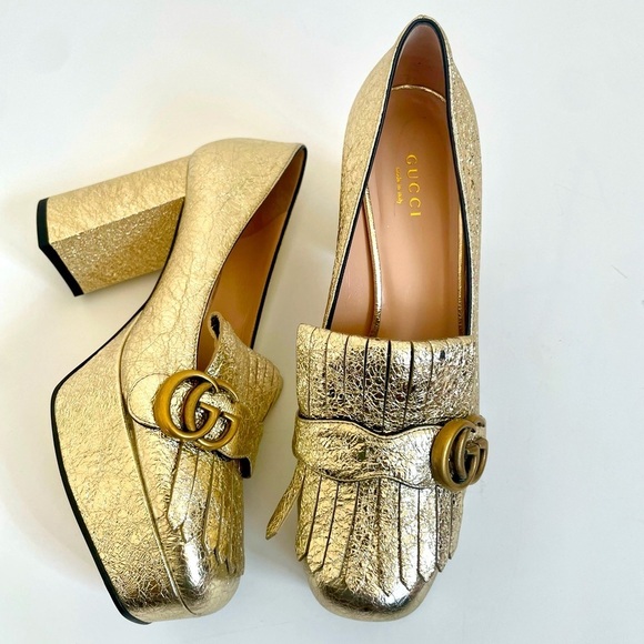 Gucci Metallic Gold Marmont GG Platform Platino Fringe Logo Block Heel pumps 38 - Picture 1 of 13